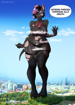 anthro clothing covered_nipples curvy_figure dialogue ear_piercing female fur grin harness heterochromia legwear macro multicolored_body multicolored_fur piercing skimpy_underwear smile solo speech_bubble standing text thigh_highs wide_hips earlblxck canid canine mammal absurd_res full-length_portrait hi_res portrait spanish_text