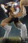 2:3 5_fingers anthro butt claws cloud digitigrade fingers forked_tongue fur grass hi_res johnsergal_(character) looking_back male mammal moon multicolored_body multicolored_fur nogi nude outside plant sergal sky solo tail teeth tongue tongue_out tree