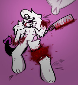anthro bed blood blood_on_face blood_splatter bodily_fluids cut_legs dragon_tail drooling fur furniture gore half-closed_eyes intersex intersex/male male mastectomy_scar narrowed_eyes paws purple_eyes saliva saw scar self-harm solo sweat sweatdrop tail tools white_body white_fur princeguts mr.smiles_(princeguts) cyclops humanoid trans_(lore)