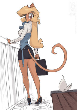 ambiguous_gender anthro bench bottomwear clothing cuffs_(clothing) duo female footwear hair high_heels long_hair shoes skirt suitcase tail conditional_dnp jollyjack avian bird columbid domestic_cat dove felid feline felis mammal 2026
