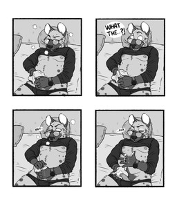 4_panel_comic 5_fingers anthro bed bodily_fluids breath briefs clock clothing cum cum_on_hand cumshot dialogue edging ejaculation eyewear fingers foreskin frenulum furniture genital_fluids genitals glans glasses inside lying lying_on_bed male masturbation nipples on_back on_bed orgasm panting penis pillow profanity retracted_foreskin shirt shirt_pulled_up solo text topwear underwear unwanted_cumshot unwanted_ejaculation watch rayfkm hyena mammal spotted_hyena comic english_text hi_res monochrome