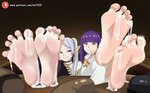 5_toes barefoot bodily_fluids clothed clothing cum cum_on_feet duo feet female foot_fetish foot_focus genital_fluids hair humanoid_feet humanoid_pointy_ears not_furry plantigrade pointy_ears purple_hair smile text toes mrff25 frieren_beyond_journey's_end fern_(frieren) frieren elf human humanoid mammal hi_res url