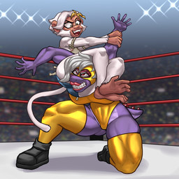 anthro big_breasts breasts chokehold clenched_teeth clothing crowd duo_focus female fighting_ring group headlock kneeling legwear leotard mask non-mammal_breasts on_one_knee size_difference sport sports_mask sportswear stockings submission_hold teeth wrestling wrestling_mask hexecat dinosaur haplorhine mammal monkey prehistoric_species primate reptile scalie 1:1 absurd_res hi_res