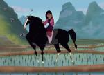 ambiguous_gender black_body black_fur duo_focus female feral fur group plant water white_body white_fur ohanamaila disney mulan_(1998) fa_mulan_(disney) khan_(disney) avian bird equid equine horse human mammal watermark