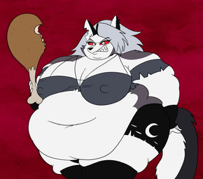 4_fingers anthro belly belly_rolls big_belly big_breasts biped black_bottomwear black_clothing black_ears black_gloves black_handwear black_nose black_skirt black_tail black_underwear bottomwear breasts cheek_tuft cleavage clothed clothed_anthro clothed_female clothing crop_top double_chin drumstick_(food) ear_piercing ear_ring eyebrow_through_hair eyebrows eyelashes eyelashes_through_hair facial_tuft female female_anthro fingerless_gloves fingers fluffy fluffy_tail food fully_clothed fully_clothed_anthro fully_clothed_female fur furrowed_eyebrows gloves grey_body grey_clothing grey_crop_top grey_fur grey_hair grey_shirt grey_topwear hair handwear holding_food holding_meat holding_object huge_thighs long_hair looking_at_viewer meat morbidly_obese morbidly_obese_anthro morbidly_obese_female multicolored_body multicolored_fur navel nipple_outline notched_ear obese obese_anthro obese_female overweight overweight_anthro overweight_female piercing red_background red_sclera ring_piercing sharp_teeth shirt simple_background skirt snarling solo standing tail teeth thick_thighs topwear torn_bottomwear torn_clothing torn_crop_top torn_skirt translucent translucent_hair tuft two_tone_body two_tone_fur two_tone_tail underwear white_body white_eyes white_fur white_inner_ear white_tail smallfryspy hellaverse helluva_boss mythology loona_(helluva_boss) canid canid_demon canine demon hellhound mammal mythological_canine mythological_creature 2025 digital_drawing_(artwork) digital_media_(artwork) english_description flat_colors hi_res portrait three-quarter_portrait