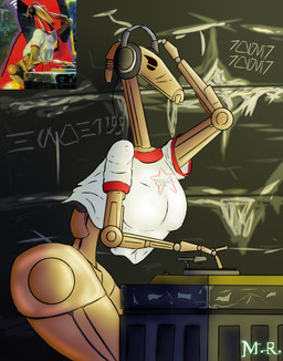 big_breasts big_butt breasts brown_body butt clothing curvy_figure disco dj_booth electronics female headphones logo machine paint_on_clothing science_fiction shirt simple_background solo text text_on_clothing text_on_shirt text_on_topwear thick_thighs topwear white_clothing white_shirt white_topwear wide_hips mantrinrus star_wars star_wars_insider dj_battle_droid b1_battle_droid battle_droid humanoid robot aurebesh_text character_cipher digital_media_(artwork) digital_painting_(artwork) e621_post_recursion hi_res painting_(artwork)