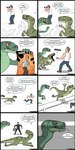 ambiguous_gender binoculars bodily_fluids clothed clothing dialogue drooling feral saliva sharp_teeth simple_background suit teeth text white_background pet_foolery dinosaur dromaeosaurid human mammal prehistoric_species reptile scalie theropod velociraptor 1:2 absurd_res comic english_text hi_res