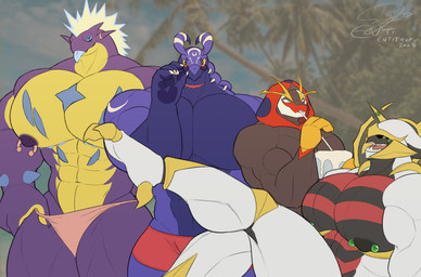 abs anthro barbell_piercing beach biceps big_muscles big_pecs circular_barbell_piercing clothing drinking_straw eyewear fusion giraceus glasses huge_pecs looking_at_viewer male muscular muscular_anthro muscular_male nipple_barbell nipple_circular_barbell nipple_piercing nipples pecs piercing pokemon_fusion pokemorph sipping swimming_trunks swimwear underwear wearing_glasses entitropy nintendo pokemon anthony_owce_(markusd) enti_orasia_(entitropy) nox_(sprixlnine) amped_toxtricity arceus generation_4_pokemon generation_5_pokemon generation_8_pokemon giratina legendary_pokemon orbeetle pokemon_(species) scolipede toxtricity 2025 absurd_res hi_res