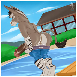 anthro bedroom_eyes big_butt big_penis border bottomwear bottomwear_down butt clothed clothing cloud fur genitals grey_body grey_fur humanoid_genitalia humanoid_penis looking_at_viewer male narrowed_eyes outside partially_clothed penis poolside seductive shorts shorts_down solo stripes white_border window aaron_(artist) asinus donkey equid equine hybrid mammal zebra zebroid zonkey 1:1 hi_res
