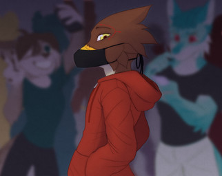 ambiguous_gender anthro beak blurred_background clothing coat facial_markings hand_in_pocket head_markings jacket looking_at_viewer markings mask obscured_face pockets red_clothing red_coat red_topwear solo topwear yellow_eyes lynxcorner accipiter_inkunen_(character) background_character accipitrid accipitriform avian bird buteo chickenhawk red-tailed_hawk