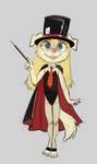 anthro biped black_cape black_clothing black_leotard blonde_hair blue_eyes cape card claws clothed clothing digitigrade eyebrows eyewear female fishnet_clothing fishnet_legwear front_view glasses grin hair hat headgear headwear holding_object legwear leotard long_hair looking_at_viewer magician multicolored_clothing necktie pink_nose red_cape red_clothing round_glasses smile solo standing tan_body toe_claws top_hat two_tone_clothing wand wearing_glasses young young_anthro young_female horemheb phoebe_(youaskedferrit) bird_dog canid canine canis domestic_dog hunting_dog labrador mammal retriever 2025 hi_res