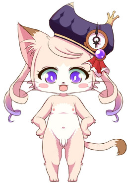 anthro balls blush blush_stickers clothing drill_curls femboy flaccid foreskin genitals hair hands_on_hips hat headgear headwear male navel nipples nude open_mouth penis purple_eyes simple_background small_penis solo standing unretracted_foreskin white_background young young_anthro bunnag cat_busters chrona_(cat_busters) domestic_cat felid feline felis mammal digital_media_(artwork) hi_res shaded