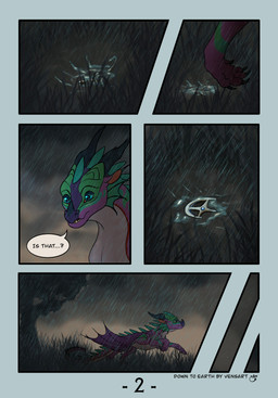 ambiguous_gender blue_eyes claws cloud cloudy_sky dialogue digitigrade feral finger_claws frill_(anatomy) grass green_body green_scales horn long_neck long_tail membrane_(anatomy) membranous_frill membranous_wings outside plant purple_body purple_scales quadruped raining running scales sky snout solo speech_bubble tail text toe_claws tree wings vensart mythology wings_of_fire laurel_(vensart) dragon mythological_creature mythological_scalie rainwing_(wof) scalie comic english_text hi_res