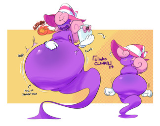 before_and_after belly belly_expansion big_belly bloated blush blush_lines bodily_fluids breasts burping burping_fire chubby_cheeks clothing directional_arrow embarrassed expansion female fire fist gloves hair hair_over_eyes hand_on_belly hand_on_own_belly handwear hat headgear headwear holding_jar huge_belly legless looking_at_belly looking_at_own_belly looking_away looking_well-fed mostly_nude nervous obscured_eyes onomatopoeia open_mouth overweight overweight_female overweight_humanoid pink_hair purple_body sequential_arrow shy simple_background solo sound_effects stuffing sweat sweatdrop text tongue weight_gain white_clothing white_gloves white_handwear witch_hat clinkoclinko mario_bros nintendo paper_mario vivian_(mario) ghost humanoid shadow_siren spirit 2023 digital_media_(artwork) english_text hi_res signature