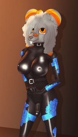 anthro balls belt_accessory belt_collar breasts buckteeth bulge clothing detailed_bulge flaccid fur genitals grey_body grey_fur gynomorph hair intersex latex latex_clothing latex_skinsuit orange_eyes penis skinsuit solo teeth tight_clothing conditional_dnp gusta gusty_(gusta) chinchilla chinchillid mammal rodent hi_res herm_(lore)