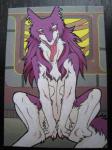 4_fingers anthro biped claws ear_piercing feet fingers front_view fur looking_at_viewer male markings northern nude photographed_drawing piercing pupils purple_body purple_fur sitting slit_pupils solo tail teal_eyes tongue tongue_out white_body white_fur mick39 mammal sergal painting_(artwork) traditional_media_(artwork)