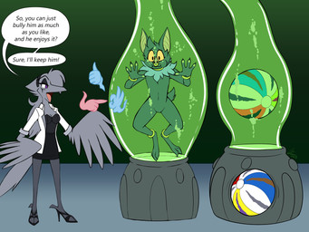 accessory anklet anthro artificial_birth ball beach_ball birth birth_pod bottomwear bubble cloning_device cloning_machine cloning_tank clothing coat containment_tube dialogue disembodied_hand emerging facial_piercing feathers female femboy footwear fully_submerged fur gesture ghost_hand green_liquid grey_body grey_fur hand_gesture headband high_heels incubation inflatable jewelry lab_coat laboratory_equipment laboratory_glassware latex legwear liquid liquid_latex male markings mewtwo_clone_machine nose_piercing nose_ring pantyhose piercing pod ring_piercing scientific_instrument shoes skirt slime speech_bubble stasis_chamber striped_markings stripes tail tail_feathers test_tube text thumbs_up topwear tube whitephoenix52 european_mythology greek_mythology mythology pokemon_the_first_movie sean_(seanthebat) verra avian mythological_avian mythological_bird mythological_creature mythological_firebird phoenix 4:3 absurd_res english_text hi_res