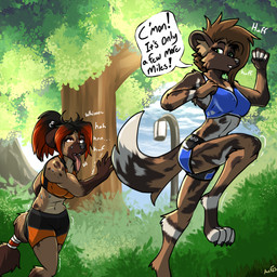 anthro bodily_fluids duo exercise exercise_clothing female nature nature_background nipple_outline outside park plant running sweat tired tree acev dust_(madash) echo_(madash) african_painted_dog african_wild_dog canid canine hyena mammal 1:1 absurd_res hi_res