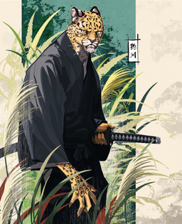 5_fingers anthro black_body black_ears black_fur black_spots clothed clothing fingers fully_clothed fur markings samurai solo spots spotted_arms spotted_body spotted_fur spotted_hands text warrior weapon whiskers white_body white_fur yellow_body yellow_fur lljh felid leopard mammal pantherine 2023 hi_res