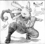 anthro clothed clothing crouching looking_at_viewer male shadow smile solo staff teeth text jsdrawitz glitch_productions smg4 axol amphibian axolotl marine mole_salamander salamander 2019 english_text graphite_(artwork) hi_res monochrome traditional_media_(artwork)