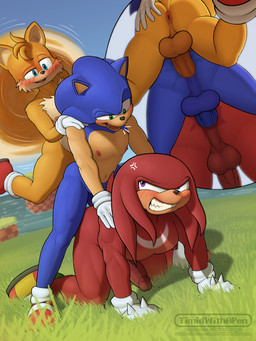 all_fours anal anal_penetration angry anthro anus athletic athletic_anthro athletic_male balls big_balls big_muscles big_pecs big_penis blue_balls blue_body blue_penis blue_perineum blush bodily_fluids butt clenched_teeth clothing cross-popping_vein darkened_balls darkened_genitalia darkened_penis doggystyle dreadlocks erection flying footwear from_behind_position fur genitals glans gloves grass group group_sex hand_on hands_on_shoulders handwear humanoid_genitalia humanoid_penis hung_bottom larger_penetrated larger_sub male male/male male_penetrated male_penetrating male_penetrating_male mostly_nude mostly_nude_anthro mostly_nude_male muscular muscular_anthro muscular_male nipples open_mouth orange_balls orange_penis outside pecs penetrating_while_penetrated penetration penile penile_penetration penis penis_in_ass perineum pink_nipples plant pounding_ass red_balls red_body red_glans red_nipples red_perineum sea sex shoes size_difference skinny skinny_anthro skinny_male sky small_top_big_bottom smile socks submissive tail tan_body tan_skin teeth threes threesome thrusting tongue train_position trio water white_body white_fur yellow_body yellow_fur timidwithapen sega sonic_the_hedgehog_(series) knuckles_the_echidna miles_prower sonic_the_hedgehog canid canine echidna eulipotyphlan fox hedgehog mammal monotreme 3:4 digital_media_(artwork) hi_res