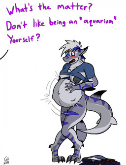 anthro areola blush breasts claws clothing crossed_legs female fetal_movement gender_transformation grey_areola grey_nipples holding_belly mtf_transformation nipples pregnant pregnant_anthro pregnant_female rapid_pregnancy solo surprised text torn_clothing transformation goldengryphon jade_(goldengryphon) aquatic fish shark english_text hi_res