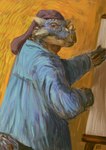 ambiguous_gender anthro artist barretina beak blouse blue_body blue_clothing blue_scales brush canvas claws clothing easel expressionism facial_horn hat headgear headwear holding_brush holding_object horn impressionist_background left-handed long_hat looking_away looking_back nose_horn orange_background phrygian_cap purple_clothing purple_hat purple_headwear scales self_portrait side_view simple_background smock solo spikes spikes_(anatomy) standing tail topwear yellow_background dyna_soar dyna_soar_(dyna_soar) ankylosaurian ankylosaurid dinosaur ornithischian prehistoric_species reptile scalie thyreophoran saurian_(disambiguation) 2024 digital_media_(artwork) digital_painting_(artwork) guide_lines hi_res portrait signature three-quarter_portrait