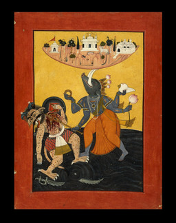 2_horns 4_arms 4_toes 5_fingers 5_toes action_pose ambiguous_feral ambiguous_gender anthro armlet biped blood blood_on_chest blood_splatter blue_body bodily_fluids bottomwear bracelet broken_sword building claws clothed clothed_anthro clothed_humanoid clothed_male clothing conch crown duo_focus feet feral fight finger_claws fingers flower gem grass group hair headgear hitting holding_flower holding_mace holding_melee_weapon holding_object holding_shield holding_weapon hooves horn humanoid_feet humanoid_hands humanoid_pointy_ears jewelry lotus_(flower) mace male male_anthro male_humanoid markings melee_weapon multi_arm multi_limb necklace pearl_(gem) pearl_necklace pelvic_curtain plant plantigrade pointy_ears pose quadruped religion scimitar shield spots spotted_body standing sword tail talons toes tongue tongue_out topless topless_anthro topless_humanoid topless_male tree tusks unguligrade weapon unknown_artist asian_mythology hindu_mythology hinduism mythology public_domain hiranyaksha varaha antelope asura_(mythology) avian bird bovid bovine cattle cheetah deity deva felid feline galliform humanoid mammal peafowl phasianid suid suine sus_(pig) wild_boar 18th_century absurd_res ancient_art gouache_(artwork) hi_res painting_(artwork) traditional_media_(artwork) traditional_painting_(artwork)
