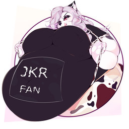 animal_print anthro belly belly_overhang black_clothing black_eyeshadow black_nose black_shirt black_topwear bottomwear breasts chubby_cheeks clothing cow_print eyeshadow fat_arms female fur grey_hair hair licking licking_lips makeup obese obese_female overweight overweight_anthro overweight_female pants red_sclera shirt solo suspenders thick_arms thick_thighs tongue tongue_out topwear white_body white_eyes white_fur wide_hips demongirl_demoness hellaverse helluva_boss mythology loona_(helluva_boss) canid canid_demon canine canis demon hellhound mammal mythological_canine mythological_creature wolf 2026 absurd_res digital_drawing_(artwork) digital_media_(artwork) hi_res