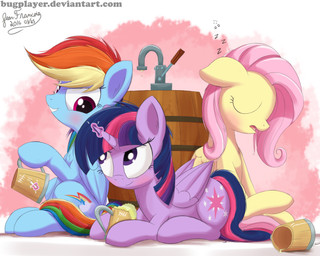 abstract_background bangs barrel beverage blue_body blue_feathers blue_fur blunt_bangs blush chalk cutie_mark drunk eye_contact eyes_closed feathered_wings feathers female feral food fur group hair horn inner_ear_fluff looking_at_another looking_back multicolored_hair purple_body purple_eyes purple_feathers purple_fur sleeping smile substance_intoxication text tuft wings yellow_body yellow_feathers yellow_fur nauskills friendship_is_magic hasbro my_little_pony mythology fluttershy_(mlp) rainbow_dash_(mlp) twilight_sparkle_(mlp) equid equine mammal mythological_creature mythological_equine pegasus winged_unicorn 2016 5:4 hi_res url