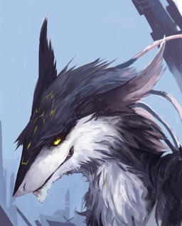 ambiguous_gender anthro black_body black_fur black_sclera blue_sky building cheek_tuft chin_tuft countershading detailed_background ear_tuft facial_markings facial_tuft forehead_markings fur head_markings markings multicolored_body multicolored_fur neck_tuft outside sky smile solo tuft white_body white_countershading white_fur yellow_eyes yellow_markings akrolayn sergal 2015 detailed digital_media_(artwork) digital_painting_(artwork) headshot_portrait hi_res painting_(artwork) portrait shaded unavailable_at_source