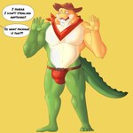 anthro big_bulge bulge candy clothed clothing dessert food gummy_(food) hat headgear headwear male muscular muscular_anthro muscular_male pecs shy simple_background solo speech_bubble tail text underwear noteshi glitch_productions the_amazing_digital_circus gummigoo_(tadc) crocodilian food_creature gummy_creature humanoid living_candy reptile scalie 1:1 absurd_res hi_res