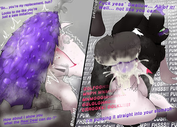 2_panel_comic ambiguous_gender animal_genitalia balls big_balls big_penis black_body black_fur black_tongue blush blush_lines bodily_fluids constricted_pupils contact_onomatopoeia cum cum_from_mouth cum_in_mouth cum_in_stomach cum_inflation cum_inside cum_on_balls dialogue dirty_talk duo erection excessive_cum excessive_genital_fluids excessive_precum feline_genitalia fur genital_fluids genitals green_eyes grey_background hands_behind_back huge_balls huge_penis hyper hyper_balls hyper_genitalia hyper_penis impact_onomatopoeia inflation male male/ambiguous messy muffled_speech musk onomatopoeia penile_spines penis precum pump_(sound_effect) pupils purple_blush purple_penis purple_text quadruped questionable_consent red_text shaking shivering simple_background size_difference small_pupils sound_effects tail text tongue tremble_lines white_body white_fur hojiart species_request 2025 artist_name character_request digital_media_(artwork) hi_res