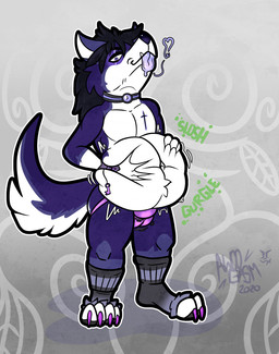 abdominal_bulge anthro bodily_fluids claws clothing digestion digestion_noises fangs footwear fur hair hand_on_belly heart_symbol jockstrap male navel painted_claws saliva saliva_on_tongue socks soft_vore solo sound_effects tail teeth text toeless_footwear toeless_socks tongue tongue_out underwear vore awoogasm fan_character canid canine canis mammal wolf 2020 hi_res signature