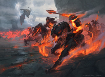 ambiguous_gender black_hair bridle claws clothing cloud cowboy_hat electricity female feral fire glowing glowing_eyes group hair hat headgear headwear holding_melee_weapon holding_object holding_weapon hooves lightning male melee_weapon membrane_(anatomy) membranous_wings mount mount/rider_relations outside ponytail reins riding rock saddle stinger stinger_tail tail weapon wings slawomir_maniak hasbro magic:_the_gathering mythology wizards_of_the_coast dragon elemental_creature equid equine fire_creature horse humanoid mammal mythological_creature mythological_scalie scalie 2024 hi_res official_art