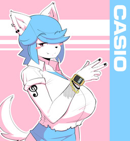 alternative_fashion anthro big_breasts blue_hair blush breasts calculator_watch clock clothed clothing digital_watch ear_piercing electronics fangs female hair hair_over_eye huge_breasts one_eye_obstructed piercing pink_eyes shirt short_hair smile solo tattoo teeth topwear watch wristwatch y2k_(graphic_design) theycallhimcake casio maggie_applebee canid canine canis domestic_dog mammal hi_res