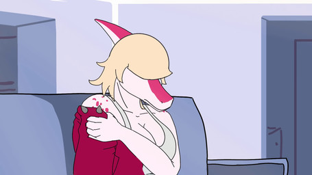 anthro big_breasts blonde_hair blue_eyes bodily_fluids bone_frill breasts clothed clothed_anthro clothed_female clothing crying detailed_background eyebrows female fingers frill_(anatomy) frown furniture hair hair_over_eyes head_turned humanoid_hands inside jacket long_hair looking_at_viewer markings non-mammal_breasts open_clothing open_jacket open_topwear pink_body raised_inner_eyebrows red_clothing red_jacket red_topwear sad shirt sitting sofa solo spots spotted_markings tank_top tears topwear undressing white_body white_clothing white_shirt white_tank_top white_topwear sebek_fereh_ra cavemanon_studios i_wani_hug_that_gator mia_moretti dinosaur hadrosaurid ornithischian ornithopod parasaurolophus prehistoric_species reptile scalie animated colored hi_res shaded short_playtime webm