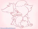 anthro blush butt fangs female fur genitals inner_ear_fluff looking_back nude pawpads pillow pussy rear_view solo teeth tuft blue-rum nintendo pokemon braixen canid canine generation_6_pokemon mammal pokemon_(species) sketch watermark