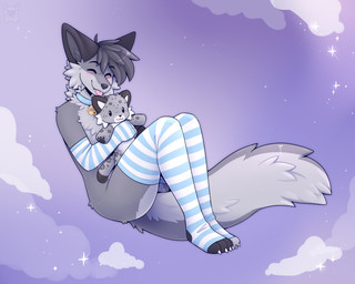 anthro armwear bell bell_collar black_eyebrows black_nose blep blue_collar blush cheek_tuft chest_tuft claws clothing cloud collar eyebrows eyes_closed facial_tuft fur grey_body grey_fur grey_hair hair hug hugging_object hugging_plushie legwear male pattern_armwear pattern_clothing pattern_legwear pattern_stockings plushie smile snout solo stockings striped_armwear striped_clothing striped_legwear striped_stockings stripes tail tongue tongue_out tuft white_claws fleurfurr canid canine fox mammal 5:4 colored digital_drawing_(artwork) digital_media_(artwork) hi_res shaded