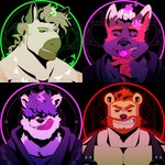 abstract_background anthro barazoku beard black_eyebrows black_nose black_sclera blonde_hair brown_body brown_fur brown_snout brown_suspenders clenched_teeth clothed clothed_anthro clothed_male clothing countershading eyebrows facial_hair fur green_eyes grin group hair hair_over_eyes licking licking_lips licking_own_lips male markings muscular muscular_anthro muscular_male open_mouth pecs plant purple_body purple_clothing purple_countershading purple_eyes purple_fur purple_hair purple_robe red_beard red_body red_eyes red_facial_hair red_fingers red_fur red_hair red_markings robe smile suspenders tan_body tan_ears tan_eyebrows tan_fur tan_hair teeth tongue tongue_out melaisen bear canid canine canis demon domestic_dog equid equine horse mammal 1:1 2022 absurd_res bust_portrait cel_shading digital_drawing_(artwork) digital_media_(artwork) hi_res portrait shaded