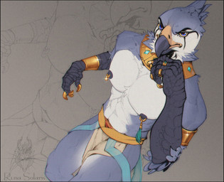 abs anthro armlet beak black_nipples blue_body bottomwear bracelet chest_tuft clothed clothing eye_contact facial_markings feathers gold_accessory golden_claws grey_background head_feathers head_markings high-angle_view jewelry loincloth looking_at_another looking_at_viewer male markings muscular muscular_anthro muscular_male navel neckwear nipple_piercing nipples partially_clothed pecs piercing quads ring scuted_arms scuted_hands scutes simple_background solo tuft white_body yellow_sclera runasolaris egyptian_mythology middle_eastern_mythology mythology horus avian bird deity falcon falconid 2024 adversarial_noise digital_media_(artwork) hi_res watermark