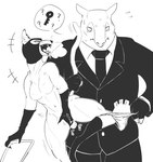 anthro clothing covering covering_self duo female gloves handwear key male male/female mask mischievous_smile necktie nervous panties question_mark questionable_consent smile smirk suit tail tail_grab underwear undressing_another gyu_hydrogen canid mammal monochrome