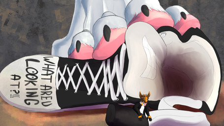 4_toes anthro claws clothing duo entrapment extreme_size_difference feet foot_fetish foot_focus foot_play inside_clothing inside_shoe insole male male/male micro pawpads paws size_difference toe_claws toes trapped_in_clothing trapped_in_shoe gizbabbu hi_res