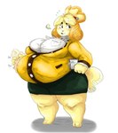 3_toes accessory anthro barefoot belly big_belly big_breasts biped bloated blonde_hair bottomwear breasts breath burping cardigan clipboard clothed clothing collared_shirt dress_shirt expansion feet female fully_clothed fur hair hair_accessory hair_bun hair_tie hand_on_belly holding_clipboard holding_object looking_aside obese obese_anthro obese_female open_clothing open_topwear overweight overweight_anthro overweight_female patting_belly pencil_skirt shirt short_stack simple_background skirt solo standing tail thick_thighs three-quarter_view tied_hair tight_clothing tight_topwear toes topwear unbuttoned_shirt white_background wide_hips yellow_body yellow_fur grindavikbydaylight nightmarebros third-party_edit animal_crossing nintendo isabelle_(animal_crossing) canid canine canis domestic_dog mammal shih_tzu toy_dog 2019 color_edit colored digital_media_(artwork) full-length_portrait portrait