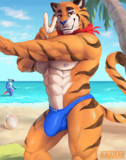abs anthro athletic athletic_male ball beach beach_ball beach_towel biceps big_bulge black_body black_fur blue_body blue_feathers bulge claws clothed clothing detailed_bulge duo feathers finger_claws fur gesture hand_gesture huge_bulge inflatable kerchief knees_up male mascot muscular muscular_anthro muscular_male navel nipples orange_body orange_fur palm_tree partially_submerged pecs plant pose sea smile smiling_at_viewer speedo speedo_only standing_in_water stripes swimwear tail teeth_showing topless towel tree v_sign water white_body white_feathers white_fur yellow_sclera kaijurah froot_loops frosted_flakes kellogg's tony_the_tiger toucan_sam avian bird felid mammal pantherine tiger toucan hi_res