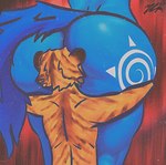 anthro big_butt blue_body butt duo face_in_ass female hug huge_butt hugging_another hugging_butt male male/female orange_body rear_view size_difference stripes tail tattoo zak898 nintendo star_fox krystal_(star_fox) zack_(zak898) canid canine felid fox mammal pantherine tiger digital_media_(artwork)