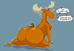 anthro antlers big_butt blush bodily_fluids brown_body brown_fur butt female fur heart_symbol hooves horn huge_butt looking_at_viewer simple_background solo sweat sweatdrop text wide_hips jodero cartoon_network johnny_bravo_(series) becky_(johnny_bravo) deer mammal moose new_world_deer 2022 english_text hi_res