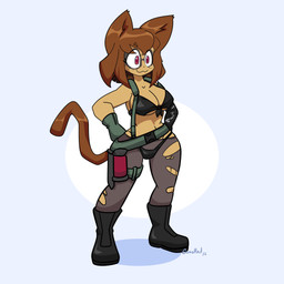 anthro big_breasts breasts brown_hair cleavage clothed clothing cosplay crossover_cosplay female hair red_eyes smile solo tail under_boob gunshad gameoverse glitch_productions konami metal_gear kit_bodega quiet_(metal_gear) domestic_cat felid feline felis mammal 1:1 absurd_res crossover hi_res
