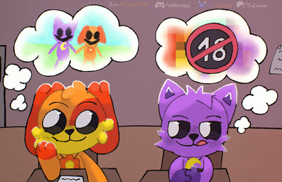 anthro bedroom_eyes black_eyes blush blush_lines censor_bar chair charm_(jewelry) classroom daydream desk dream duo fluffy fur furniture hand_on_face jewelry male moon_symbol narrowed_eyes necklace orange_body orange_fur paper pixelated pupils purple_body purple_fur school seductive shota simple_background smile smiling_at_another smiling_at_partner smirk smirking_at_partner sun_symbol table text thinking thought_bubble tongue tongue_out white_pupils yellow_body yellow_fur young tinky mob_entertainment poppy_playtime smiling_critters catnap_(poppy_playtime) dogday_(poppy_playtime) domestic_cat felid feline felis mammal url