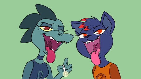 ankh anthro cigarette clothing duo fangs mouth_shot one_eye_closed open_mouth simple_background smile teeth throat tongue uvula lecigzz night_in_the_woods bea_santello mae_borowski crocodile crocodilian domestic_cat felid feline felis mammal reptile scalie 16:9 widescreen